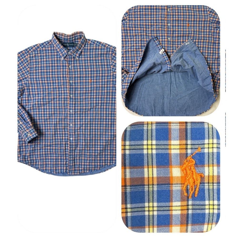 Ralph Lauren Mens XXL Lined Button Down Shirt Blue Orange Pony Plaid Check